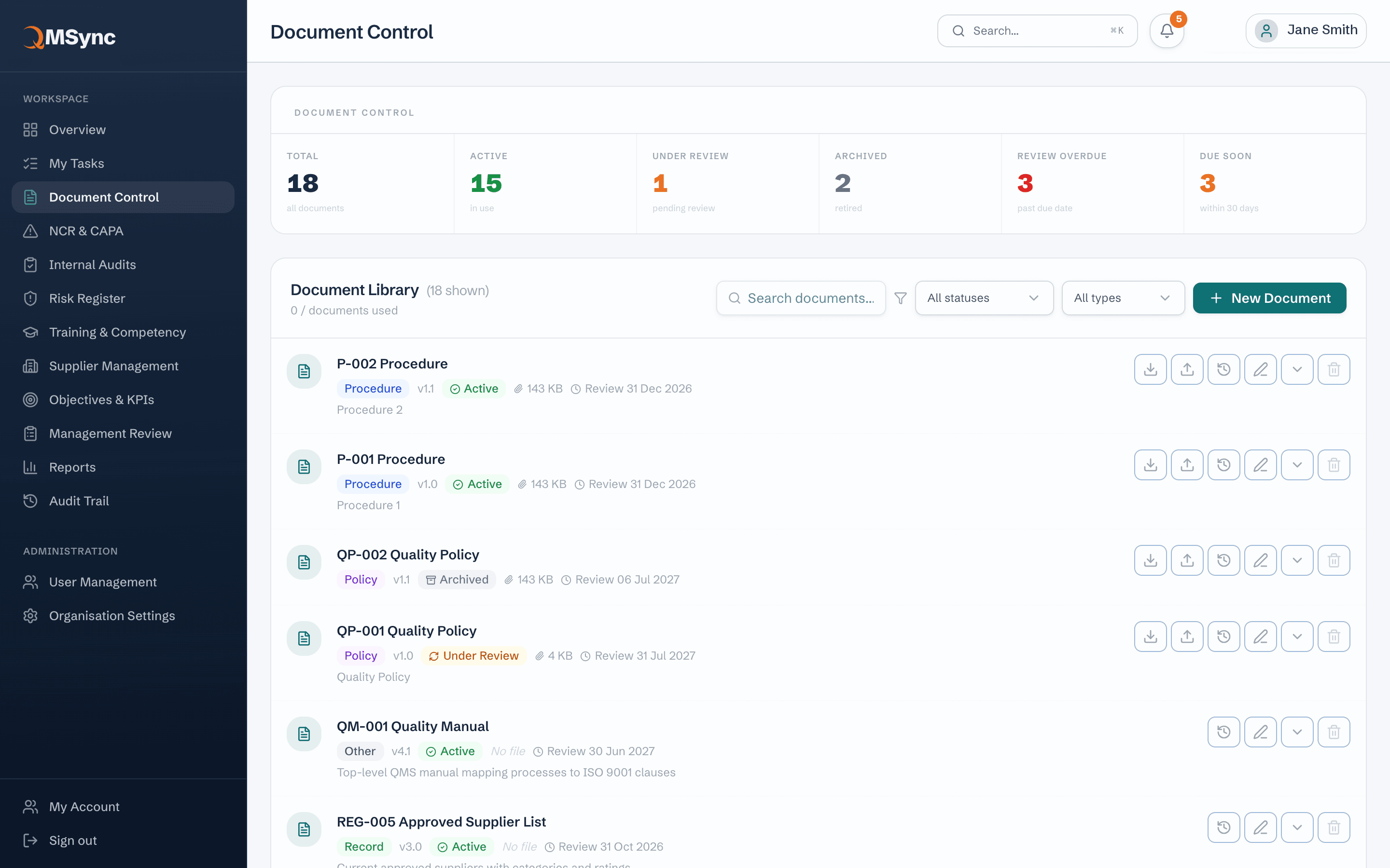 QMSync Document Control: document library with versions, statuses and review dates
